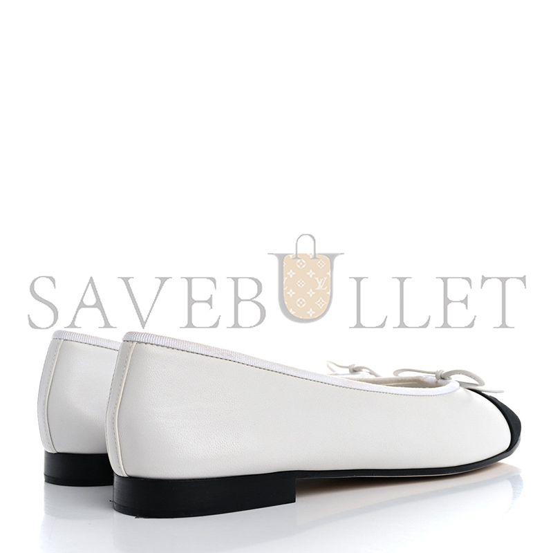 CHANEL LAMBSKIN CAP TOE CC BALLERINA FLATS WHITE BLACK 